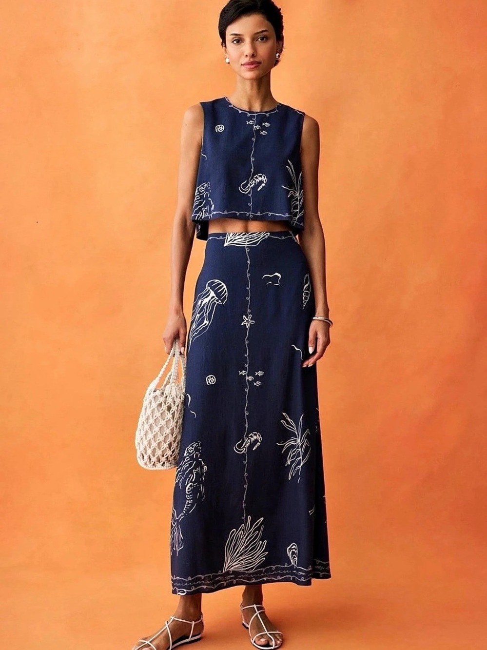 ANAYA Sari Set Midnight maritime Blue & White Printed Maxi Set Size 2 NWT